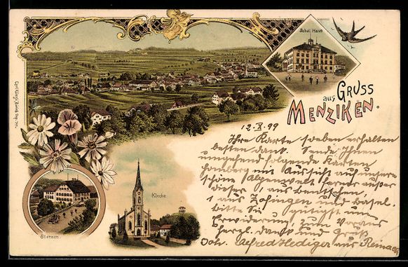 Cartoline postali: Litho Menziken, Gasthaus Sternen, Kirche – Usato da Berlin venduto da bartko-reher