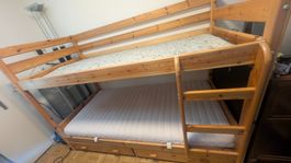 Massivholz Etagenbett mit 2 Schubladen, 90x200cm