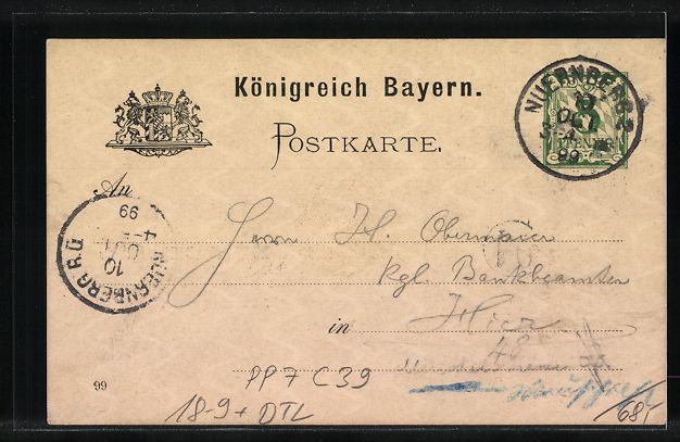 Cancelleria postale: Litho Ganzsache Bayern PP7C39: Nürnberg – Usato da Berlin venduto da bartko-reher 1