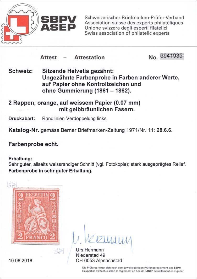 Alle Briefmarken: 2Rp. Probedruck Sitzende Helvetia – Neu (gemäss Beschreibung) aus Heerbrugg von Swissphila 1