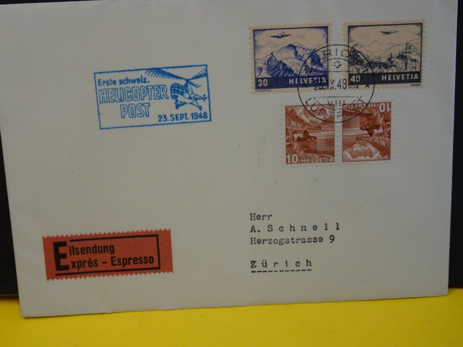Tutti i francobolli: 25.IX.48.; ERSTE SCHWEIZ. HELIKOPTER POST; GENERALDIREKTION – Usato da Eschenbach SG venduto da eDaisy