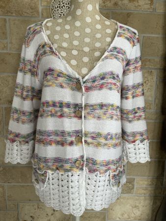 Sommer Garn Cardigan Strickjacke Gr. L, Weiss, Top Zustand!