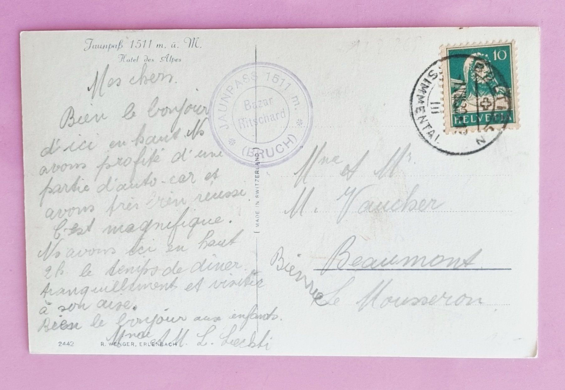 Cartoline postali: Jaunpass - Hotel des Alpes - Oldtimer -  1930 – Usato da Rothrist venduto da RROENK 1