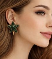 Green Star Statement Earrings - Glam Holiday Sparkle!