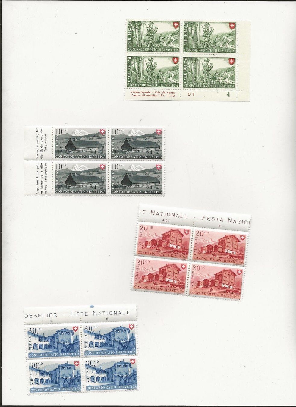 Alle Briefmarken: Pro Patria 1948 Bloc de 4 ** – Neu (gemäss Beschreibung) aus Sion von PierreP01
