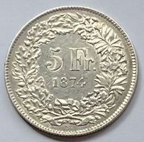 Schweizer Silber 5 Franken-Münze sitzende Helvetia von 1874