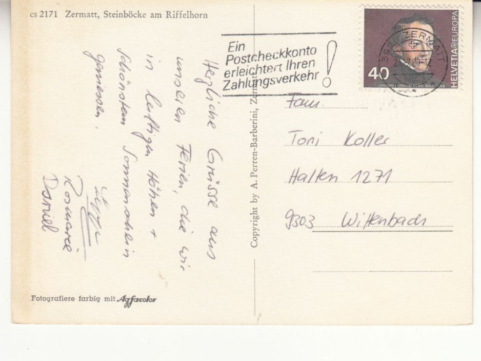 Cartoline postali: Riffelhorn Steinböcke 1980 – Usato da Bürglen TG venduto da StampGraf 1