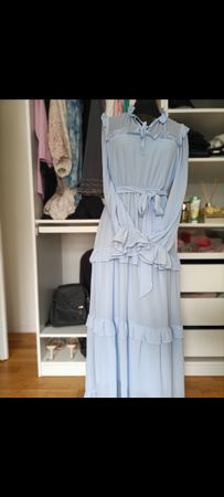 Robe longue bleu ciel, voile transparente, taille
