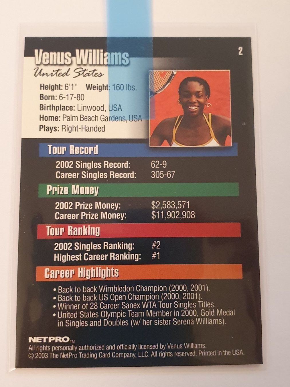 Carte collezionabili: Venus Williams Rookie Karte 2003 Netpro – Usato da Oberdorf BL venduto da BaldenEagle 3