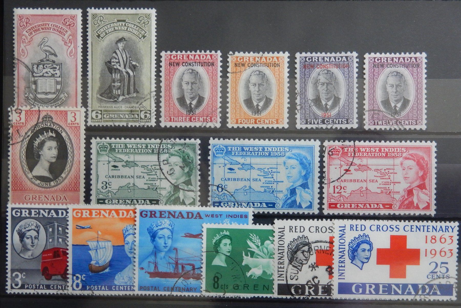 Tutti i francobolli: Grenada British ex. Kat. 136-191 gest. 1961/63 – Usato da Zürich venduto da Muehlekauf