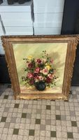 Tableau de fleurs signé Gouiran, encadré doré, vintage 