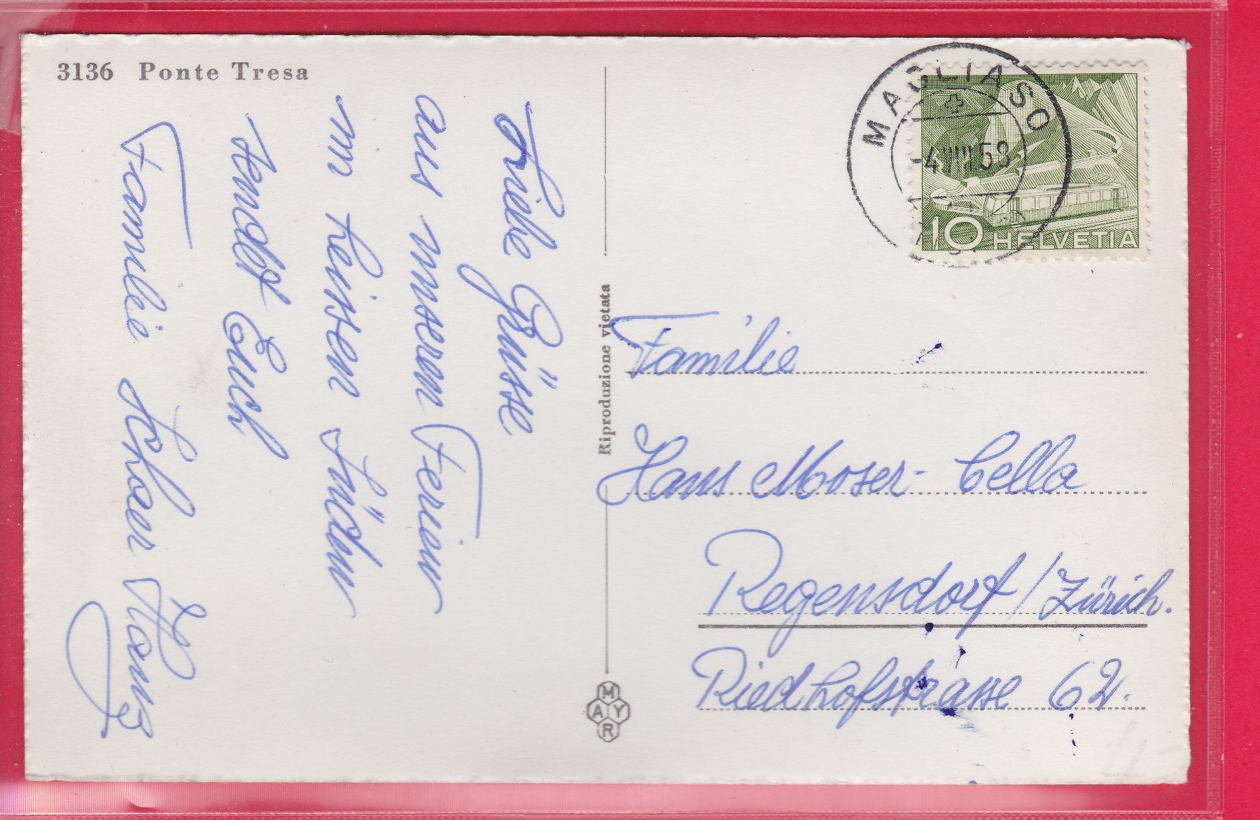 Ansichtskarten: PONTE TRESA, 4.8.1958 – Gebraucht aus Oberrieden von Gebirgsstelze 1