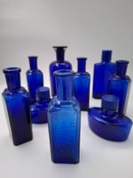 🔮 Rare - 9 Flacons d'Apothicaire Anciens–Verre Bleu Cobalt