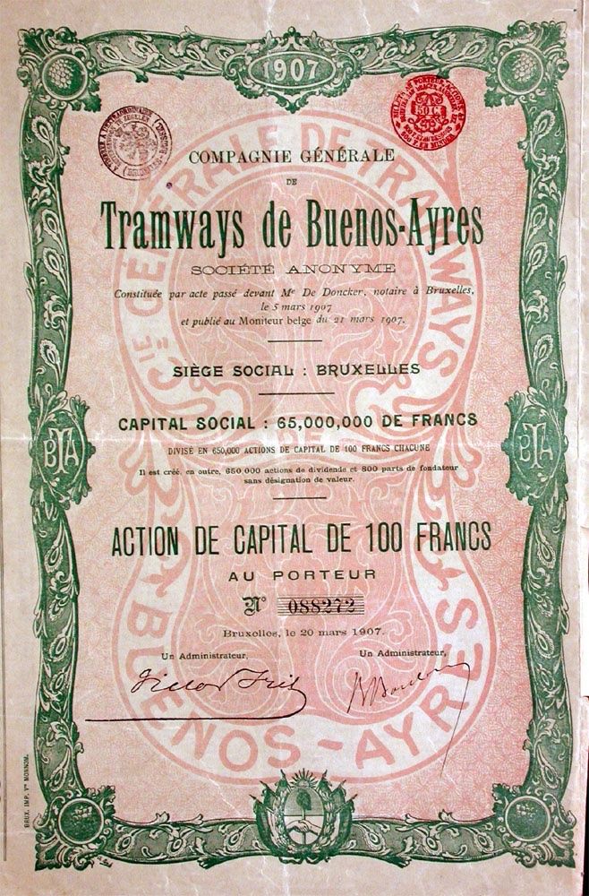 Dokumente: Cie. Générale de Tramways de Buenos-Ayres SA - 1907 – Gebraucht aus Solothurn von Sgasche
