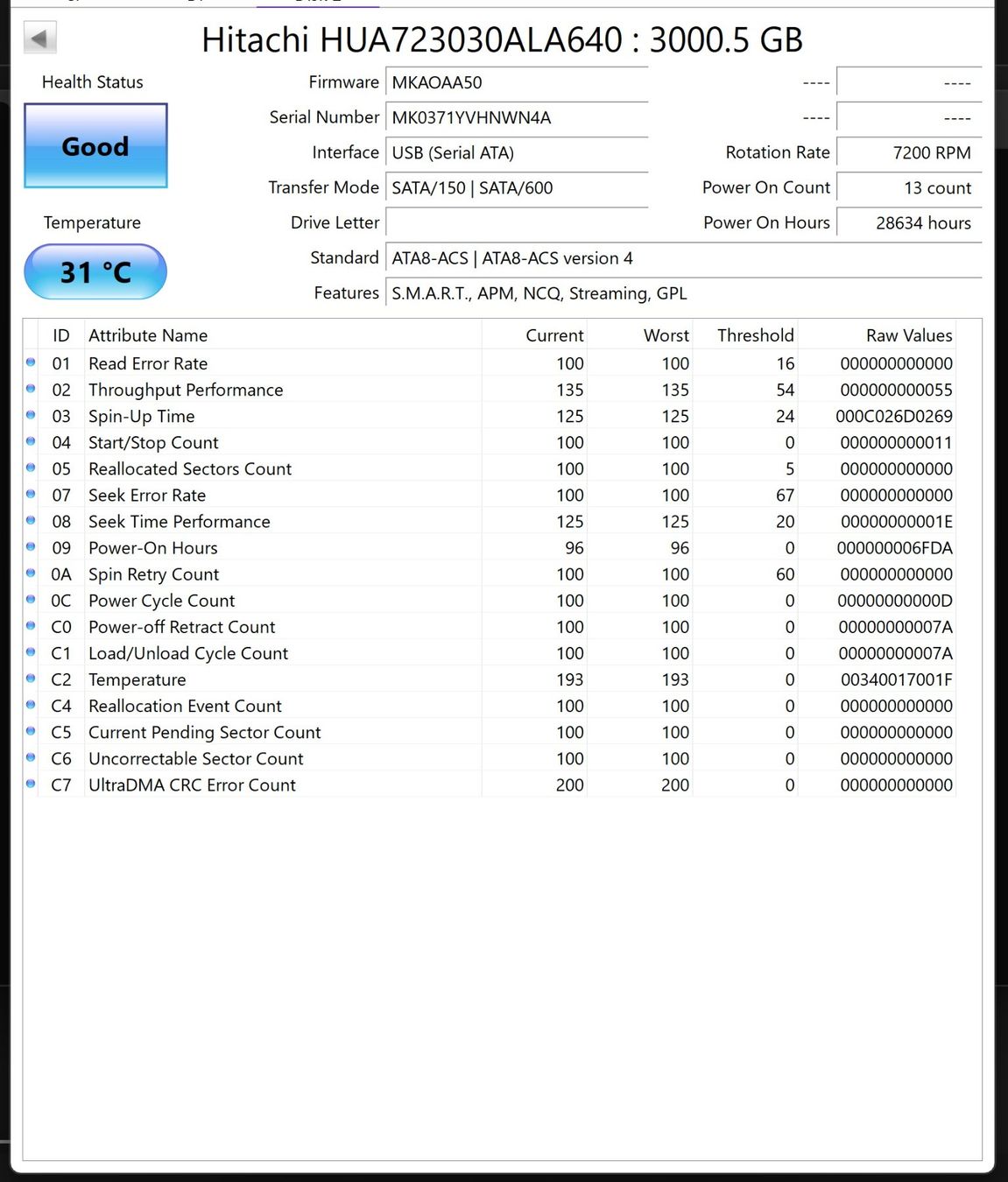 Hitachi Dischi rigidi: Disk SATA 3Tb Hitachi - 28634 Stunden – Usato da Zürich venduto da Lock5151 2
