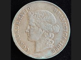 5 Fr. 1892 ss+, Rarität 0.19 mio, schöne original Patina