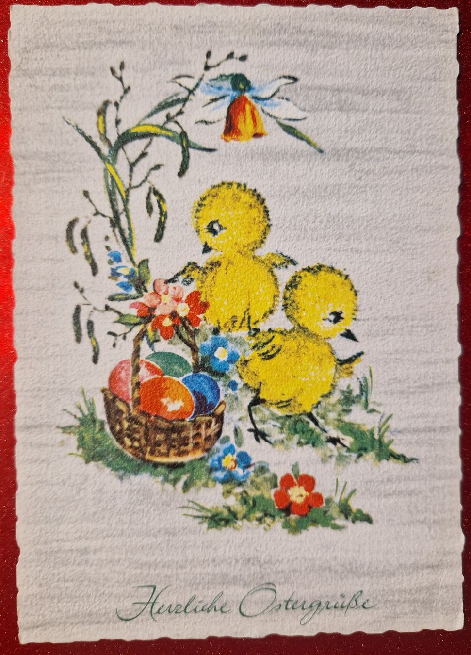 Cartoline postali: Osterkarte mit Küken und Korb voller Eier 1966 – Usato da Melchnau venduto da Arthurius