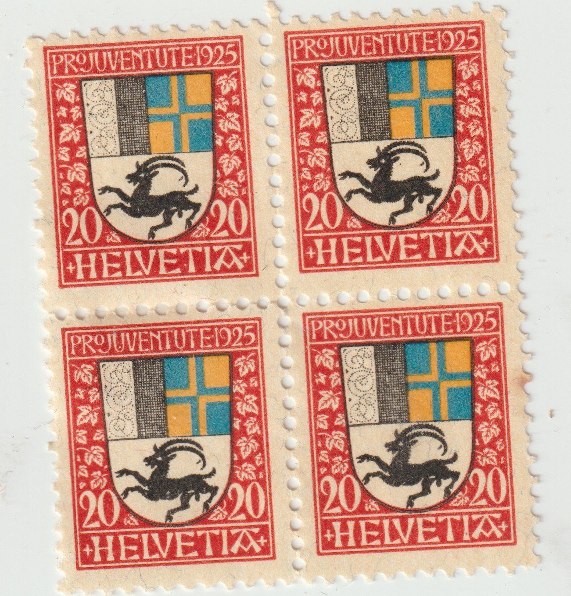 Tutti i francobolli: 4er Block Pro Juventute 1925 * – Usato da Biel/Bienne venduto da Destockweb