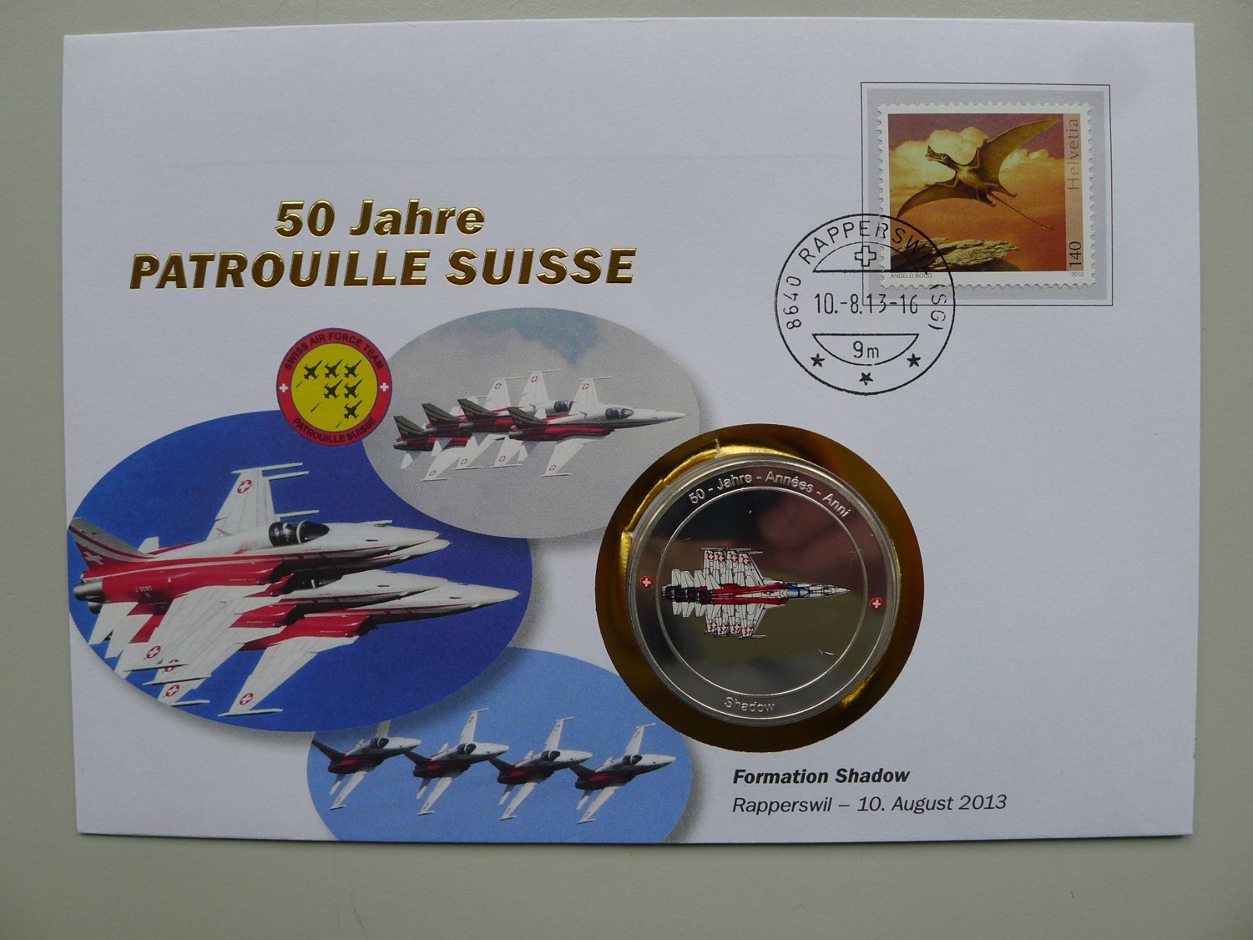 Tutti i francobolli: 2013 Numisbrief "Formation Shadow" 50 J. Patrouille Suisse – Usato da Sursee venduto da Luzernerraute