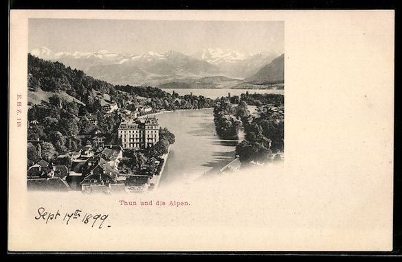 Cartoline postali: AK Thun, Ortsansicht mit See und Alpen – Usato da Berlin venduto da bartko-reher