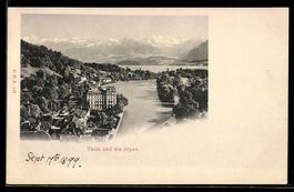 AK Thun, Ortsansicht mit See und Alpen