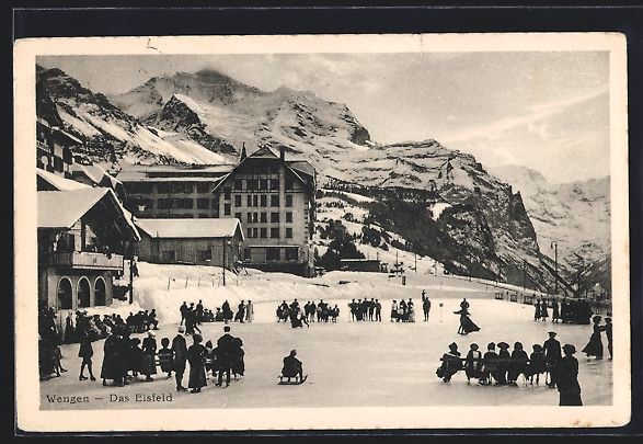 Ansichtskarten: AK Wengen, Ortsansicht mit Eisfeld, 1913 – Gebraucht aus Berlin von bartko-reher