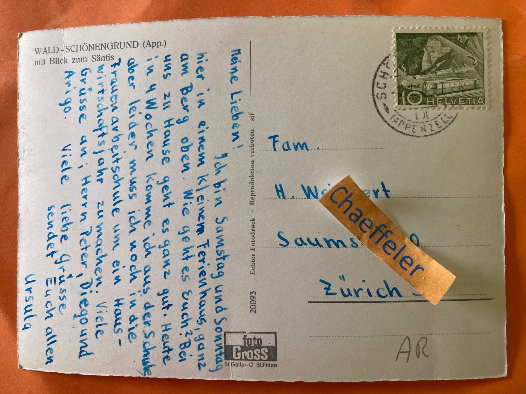 Cartoline postali: Wald - Schönengrund (App.) mit Blick auf Säntis. – Difettoso da Zürich venduto da Chaeffeler 1