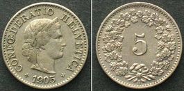 Schweiz EIDGENOSSENSCHAFT 5 Rappen 1905 Ku-Ni ERHALTUNG! vz