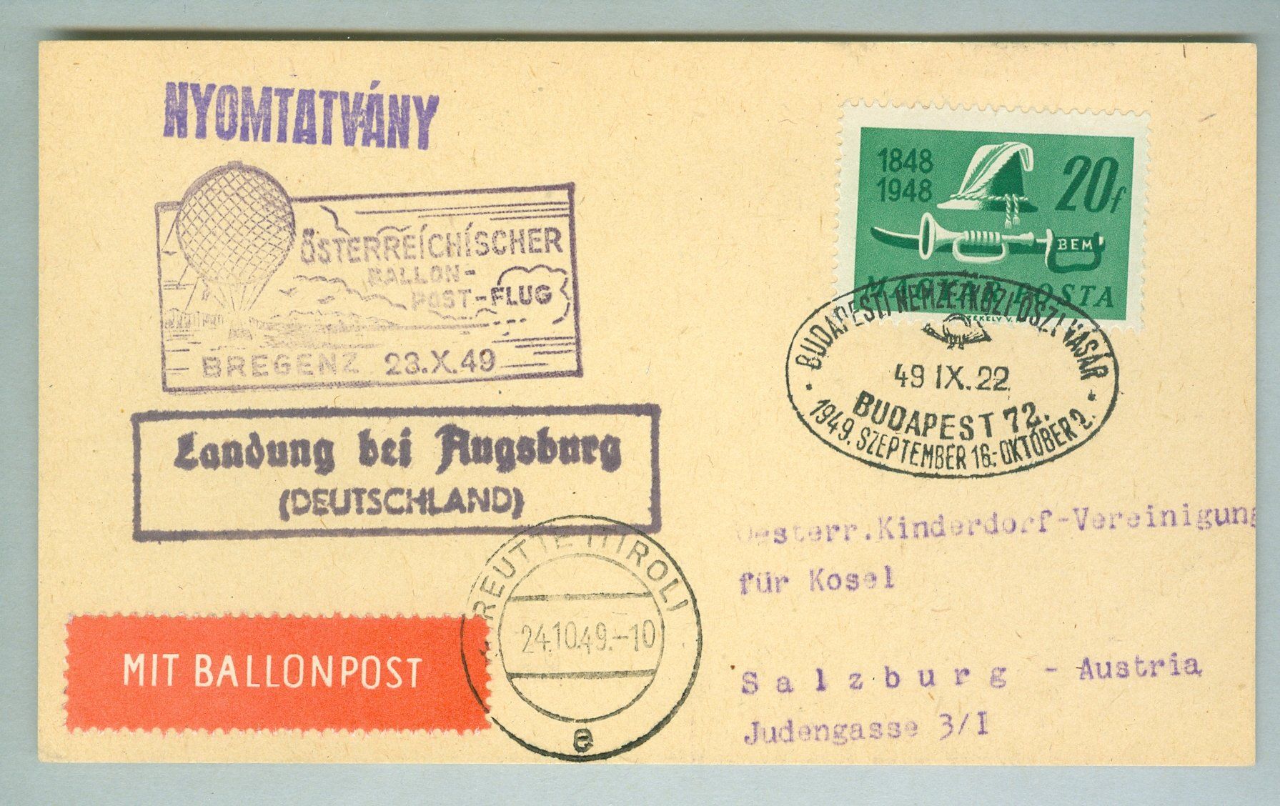 Alle Briefmarken: 1949 Ungarn Ballonpost – Gebraucht aus Zürich von yago-rot