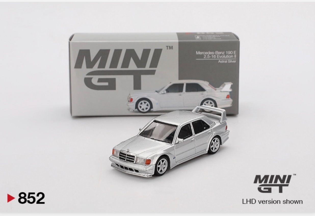 Mercedes-Benz Modellini d'auto: Mercedes-Benz 190E 2.5-16 Evolution II Silver 1/64 Mini GT – Nuovo e nell'imballaggio originale da Wohlen AG venduto da PrivatSammlung