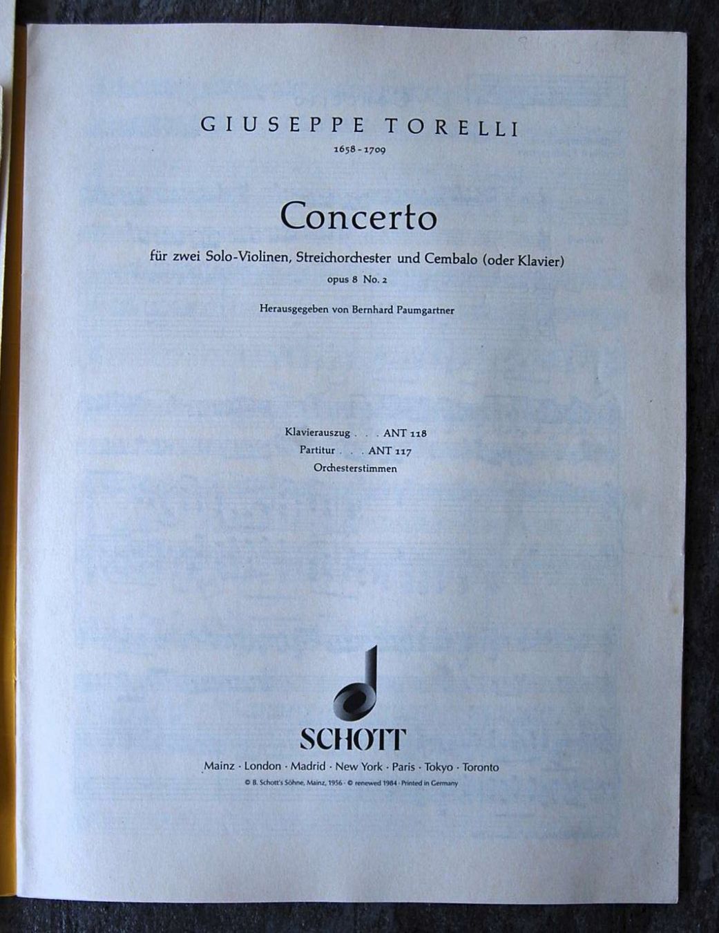 Libri: Antiqua: G. Torelli - Concerto – Usato da Rüfenacht BE venduto da Toro06 2