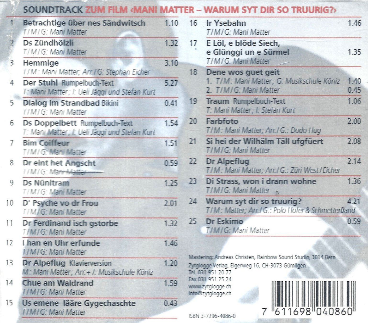 CD: Mani Matter WARUM SYT DIR SO TRUURIG CD – Usato da Kandergrund venduto da Sososo 1