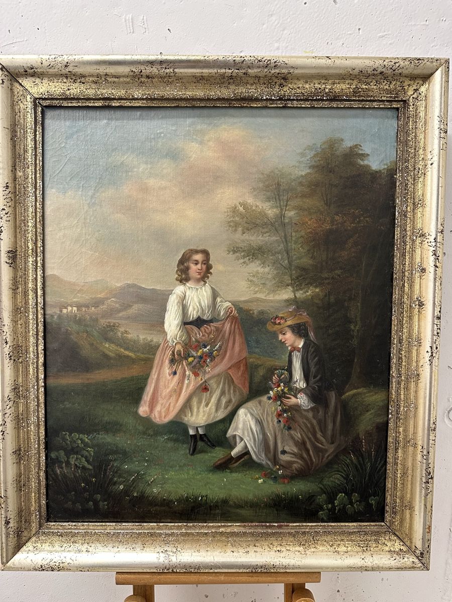 Dipinti: Antikes Gemälde Mädchen mit Blumen Natur 1862 – Usato da Ebikon venduto da Gaenggeliwaar