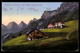 AK Wallenstadt, Hotel u. Pension Lüsis mit Gipfelpanorama