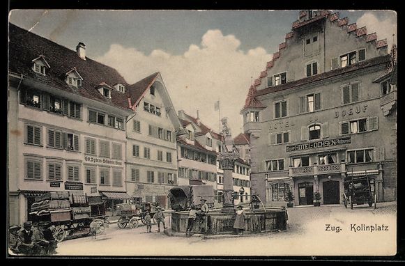 Cartoline postali: Zug, Kolinplatz mit Hotel Ochsen, Säule – Usato da Berlin venduto da bartko-reher