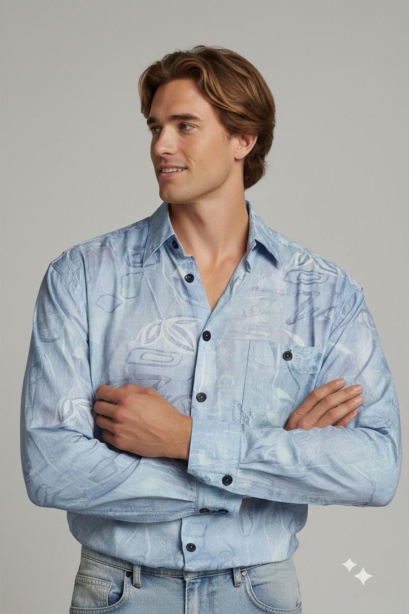 Camicie: Marios Hellblaues Button-Down-Hemd mit abstraktem Muster – Usato da Zug venduto da vinokilo