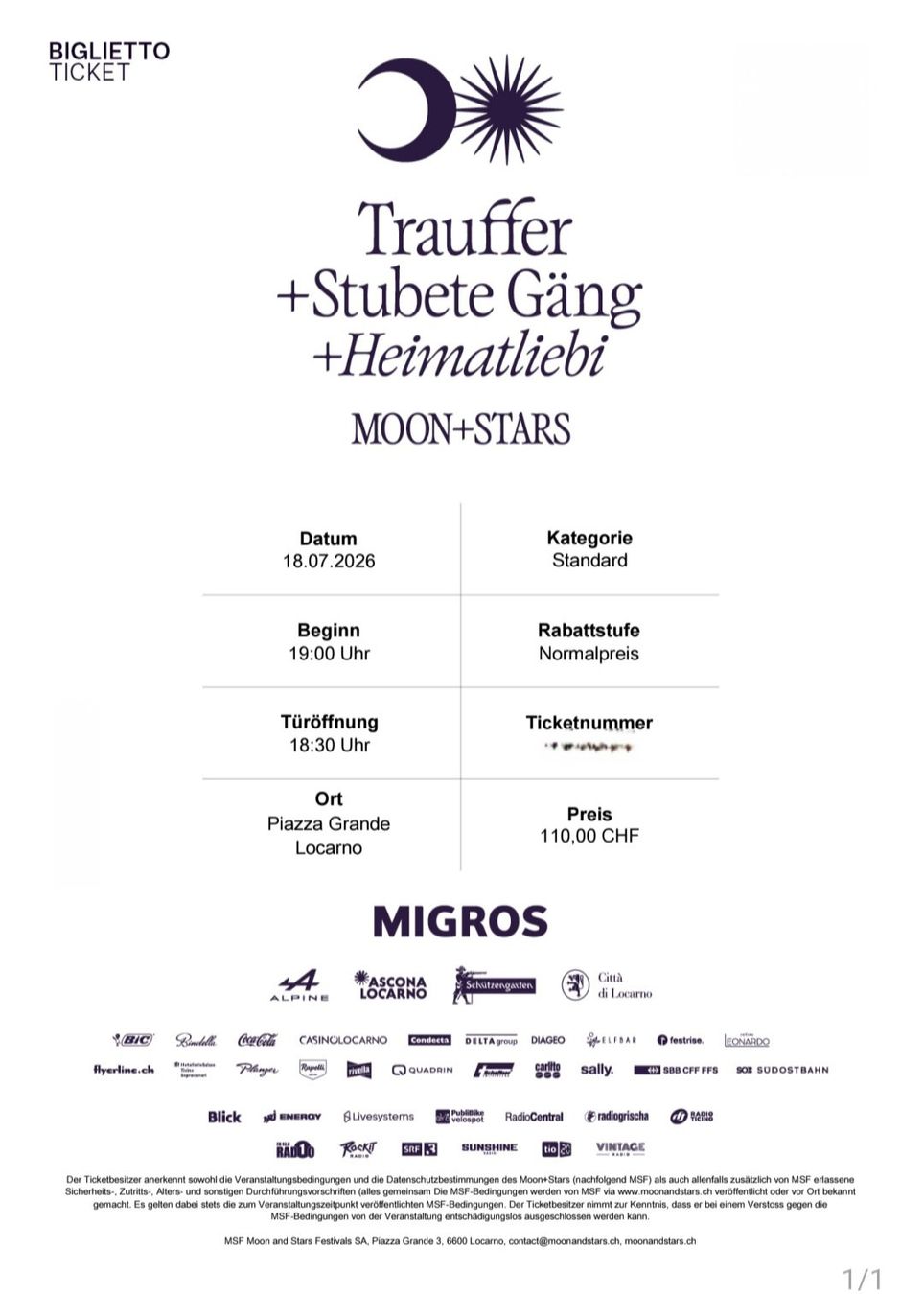 Biglietti: Moon+Stars 2 Tickets 18. Juli 2026 – Nuovo e nell'imballaggio originale da Pfyn venduto da Jane_xz