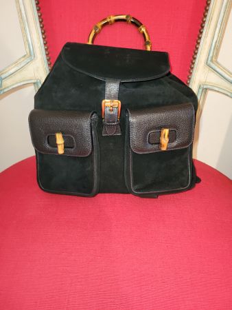 Sac à dos Gucci vintage en cuir et daim noir, bambou