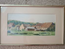 Aquarell Dorfansicht mit Rahmen