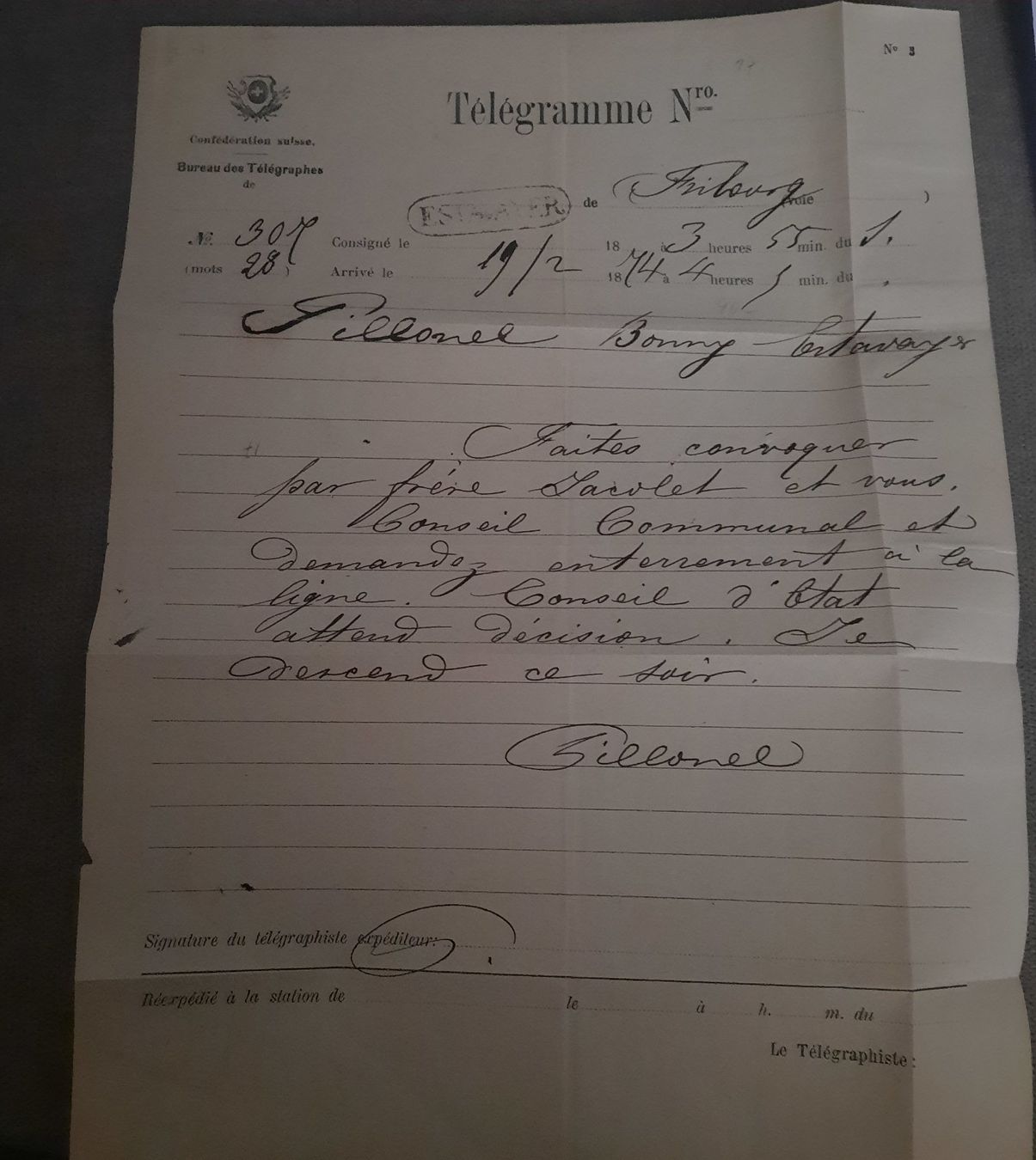 Tutti i francobolli: 1874.TELEGRAMME SUISSE CACHET LINÉAIRE ESTAVAYER – Usato da PALEZIEUX-VILLAGE venduto da danybox777 1