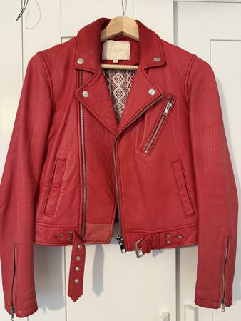 Maje Red Leather Biker Jacket with Lace Detail 36/S