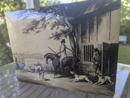 Antike dekorative Holzschatulle mit englischer Jagdszene