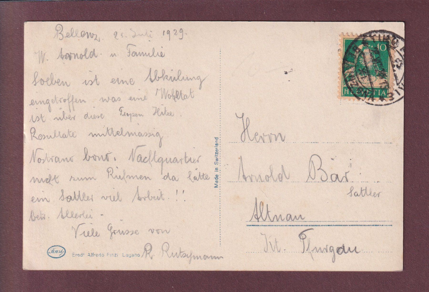 Cartoline postali: BELLINZONA e Ravecchia - 1929 – Usato da Pully venduto da nicecards 1