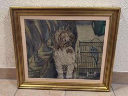 Signiertes Vintage Gemälde Hund mit Wellensittich