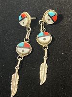 Rares Boucles d'Oreilles Pendantes Zuni Argent Motif Sacrés