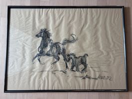 Pferdezeichnung Pferd mit Fohlen in Bewegung–Heer 82–gerahmt