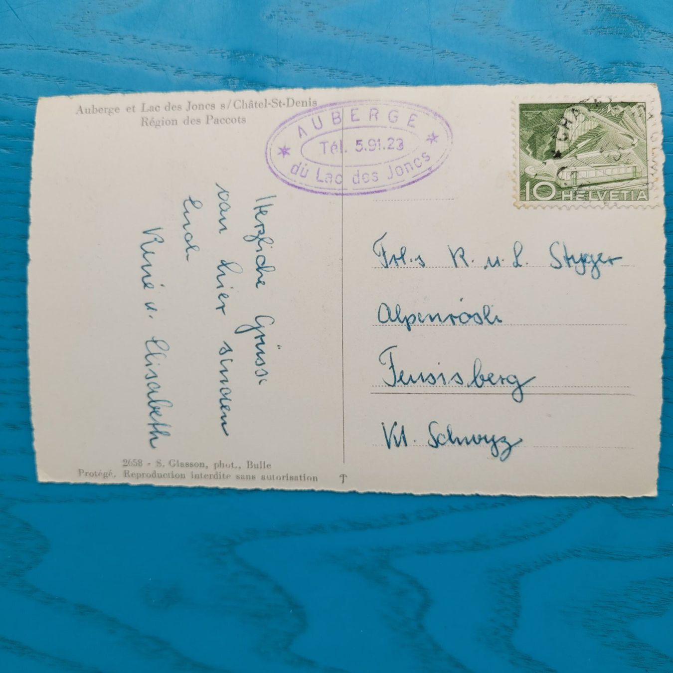 Cartoline postali: Chatel- St- Denis / Auberge et Lac des Joncs  1954 – Usato da SCHÜBELBACH venduto da CoKaHa 1