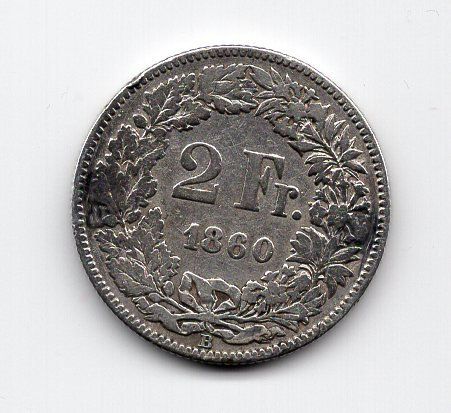 Tutti le monete: (105) Schweiz, 2 Franken, 1860, ss+ – Usato da Rüthi (Rheintal) venduto da erdnuessli1