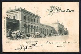 Basel, Centralbahnhof mit Fuhrwerken und