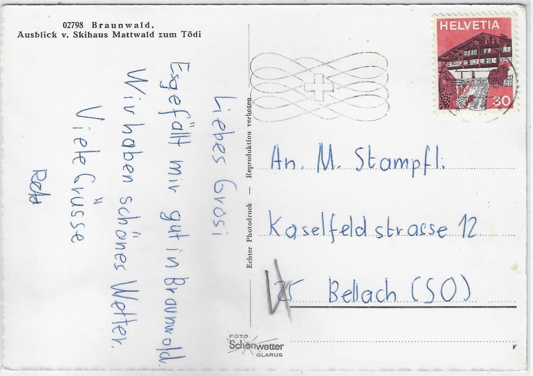 Cartoline postali: Braunwald - Ausblick v. Skihaus Mattwald – Usato da Ettingen venduto da Kartenplanet 1